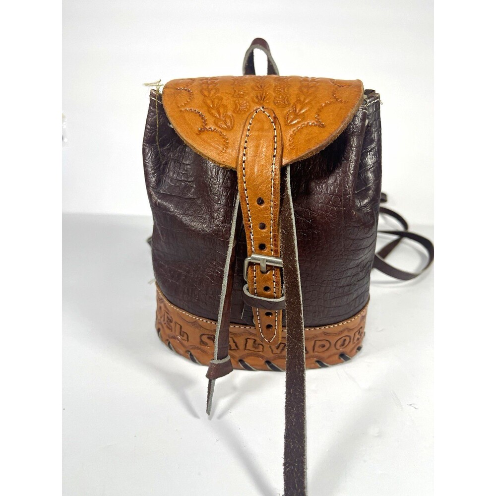 Brown/Tan Floral Tooled Embossed Mini Backpack Drawstring Flap Buckle Silver
